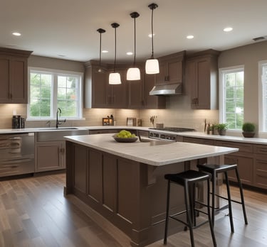 A cozy, modern living room with warm lighting and tasteful decor.