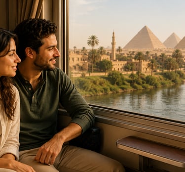 A couple on an Egyptian train looking out the window at the Great Pyramids of Giza and the Nile River.