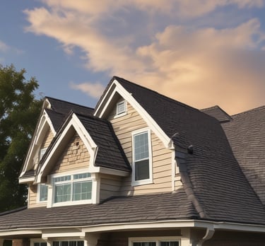 A friendly roofing contractor inspecting a house roof on a sunny day.
