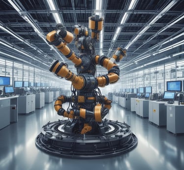 A sleek industrial setting with high-tech electronic components and machinery bathed in navy blue and slate gray tones.