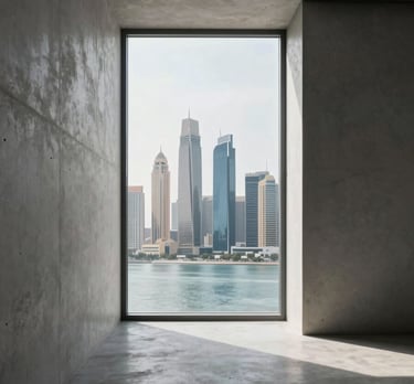 A minimalist architectural interior with smooth concrete walls and a single large window looking out onto a modern Gulf city skyline.