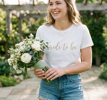 mujer con playera de próxima novia con ramo de rosas blancas entre las manos