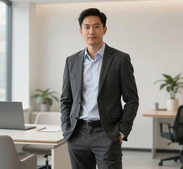 A professional portrait of a creative strategist in a light-filled, minimalist modern office. The setting is professional and elegant with off white and slate furniture. North American / International corporate style.