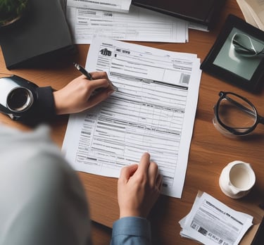 A close-up of hands calculating taxes with a calculator and paperwork.