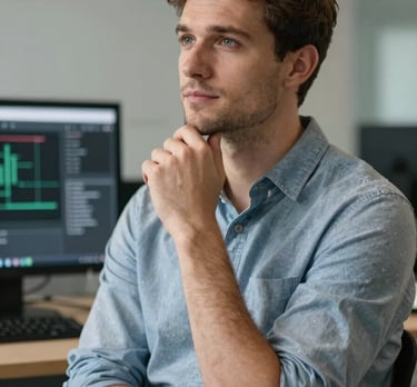 Portrait of a confident software architect in a professional setting, looking thoughtful and ready for innovation, European context.