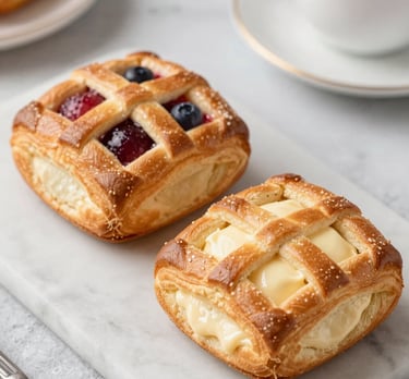 Whimsical illustration of a flaky fruit tart topped with fresh berries and a dusting of powdered sugar.
