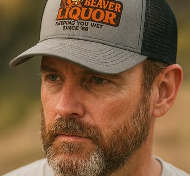 Bromotional Apparel embroidered trucker hat with bro-style graphic optimized for a 5.9x2-inch front 