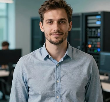 A professional portrait of a tech lead with Eastern European features, standing in a contemporary office space with soft teal accents and blurred servers in the background.