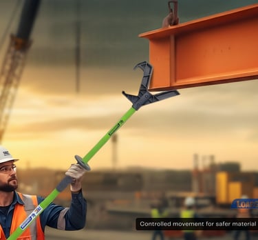 Hands-free lifting safety website design for PSC LoadGuider push pull stick with blue footer and cle