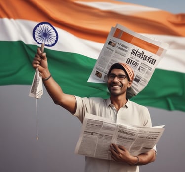 A vibrant newsroom with journalists actively reporting and screens showing breaking news updates.