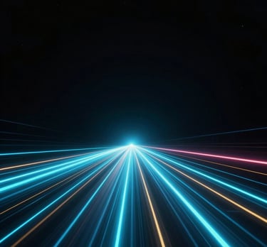 Abstract glowing horizon lines with a circular lens motif against a deep dark background, evoking a sleek, futuristic digital space.