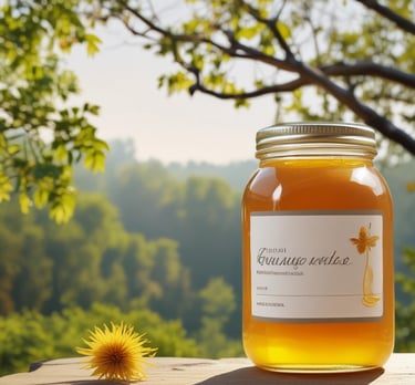 A jar of pure, amber-colored honey surrounded by fresh wildflowers on a rustic wooden table.