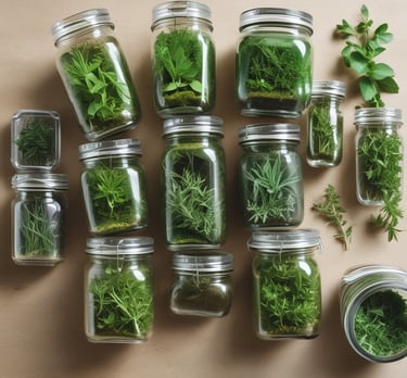 Bundles of dried herbs and vibrant moringa leaves arranged on a woven mat with natural light.