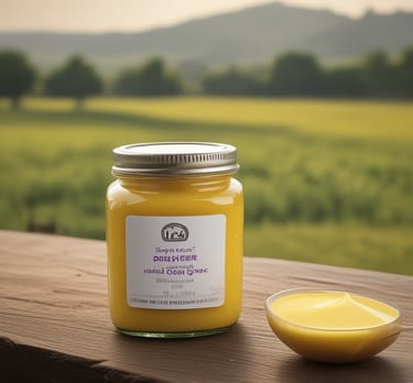 Close-up of golden, creamy desi ghee in a traditional clay pot with a wooden spoon.