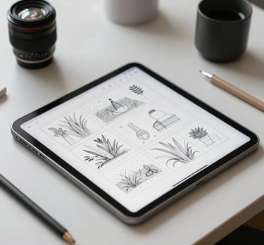 A designer's desk with a large tablet showing a storyboard sketch. Minimalist aesthetic, soft natural light, professional creative tools.