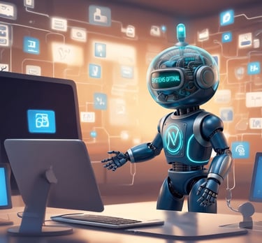 AI robot monitoring digital systems on computer screens for network optimization and technology automation.