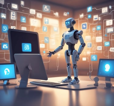 AI robot interacting with computer monitors and glowing digital data icons in a futuristic workspace.