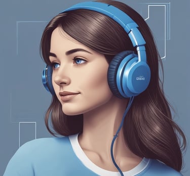A young woman with brown hair wearing blue over-ear headphones listening to music.