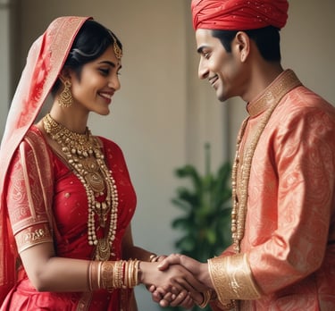 A joyful Indian couple smiling and holding hands in a vibrant outdoor setting.