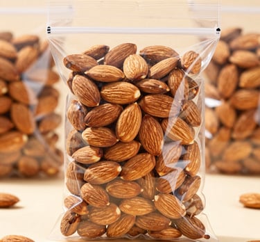 Close-up of fresh almonds spilling from a rustic burlap sack onto a wooden table.
