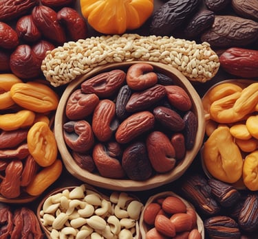 Assorted dry fruits like almonds, cashews, and raisins neatly arranged on a wooden board.