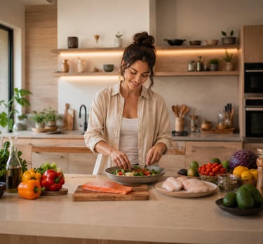 Preparação de refeição saudável com vegetais, salmão e alimentos naturais