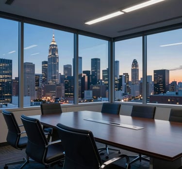 A photo of a modern boardroom with large windows overlooking a North American skyline at dusk. The interior is professional with a palette of deep navy and steel blue.