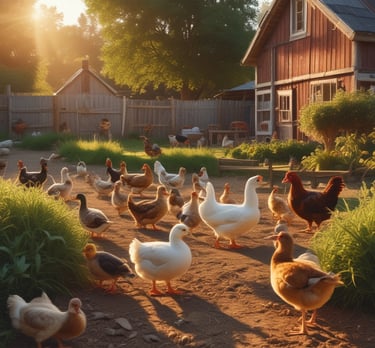 A close-up shot of vibrant chickens and ducks pecking around a rustic farmyard at golden hour.