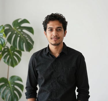 Portrait of a creative professional in a simple black shirt, standing in a bright minimalist room with white walls and a large plant. International / General.
