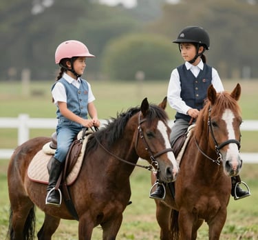 Children happily participating in summer camp activities around the stables.