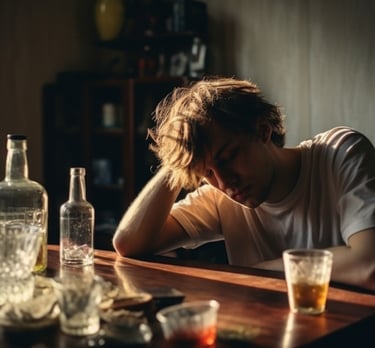 A depressed man leaning his head on his hand at a table with empty liquor bottles and alcohol glasses.