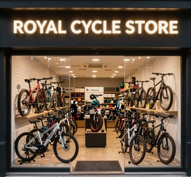 A vibrant storefront of Royal Cycle Store with rows of Hero and Hercules cycles on display under bright daylight.