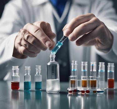 Colorful chemical powders and liquids displayed in small containers on a clean surface.