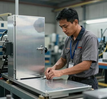 Seorang spesialis logistik Asia Tenggara sedang memeriksa kualitas akhir pintu aluminium yang sudah selesai diproduksi sebelum dikirim.