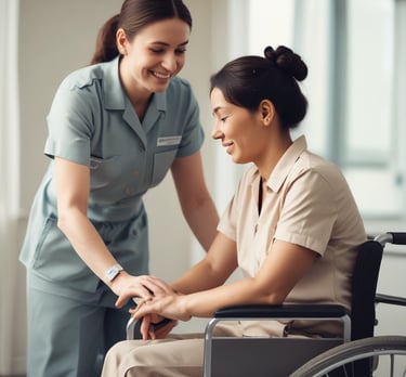 A caring support worker assisting an elderly client with daily activities in a cozy home setting.