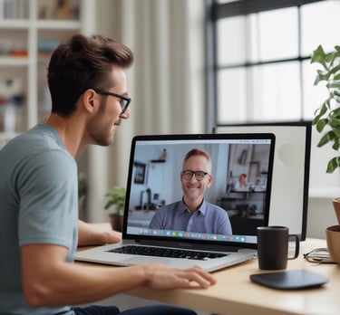 A confident coach standing in front of a laptop and whiteboard with digital strategy notes.