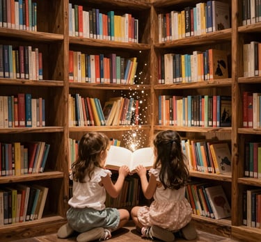 A cozy reading nook with children's chapter books featuring magical forest illustrations on the covers.