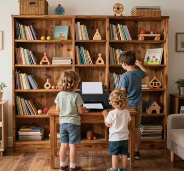 Children from behind standing in a cosy, rustic room, eagerly watching as a page prints