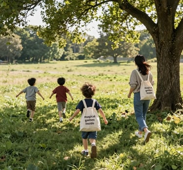 Colorful cards laid out on a wooden table showing organic gardening games for kids.