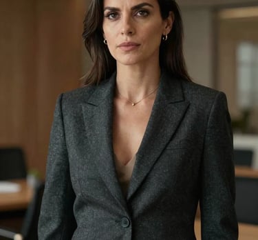Candid professional portrait of a woman in a dark charcoal power suit in a high-end corporate setting in Bogotá, Colombia, serious and confident expression.