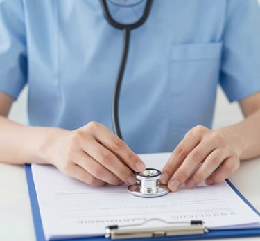 Close-up of clinical hands-on practice, a nursing student adjusting a stethoscope on a medical chart, bright neutral daylight, sterile blue tones