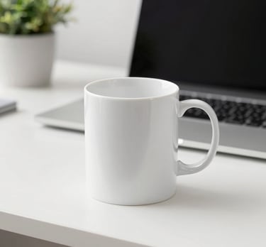 Close-up of a sleek beige ceramic mug with a delicate golden print, placed on a natural wood surface.