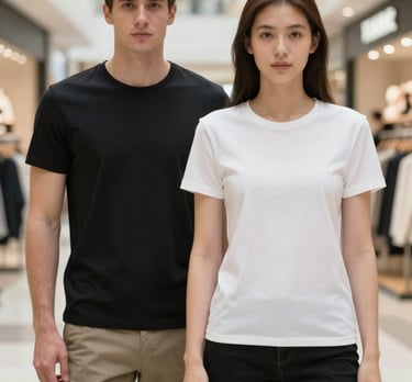 Elegant white t-shirt with a fine black line design, folded carefully on a clean, bright surface.