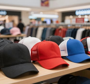 A set of modern caps in neutral tones arranged neatly on a white table with natural light.