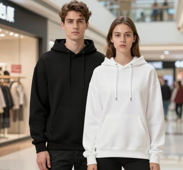 Minimalist black hoodie with a subtle embossed logo, hanging against a soft beige background.