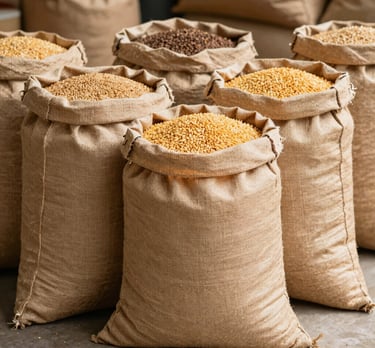 Stack of sturdy hessian bags ready for export, neatly arranged in a warehouse setting.