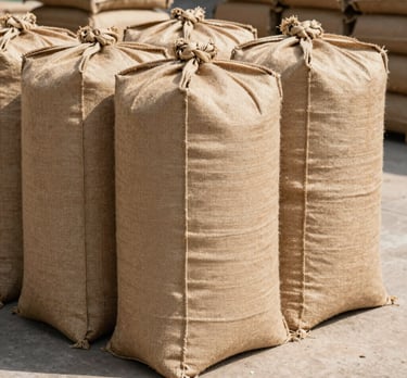 Close-up of a rustic jute gunny bag filled with fresh produce, highlighting the natural texture.