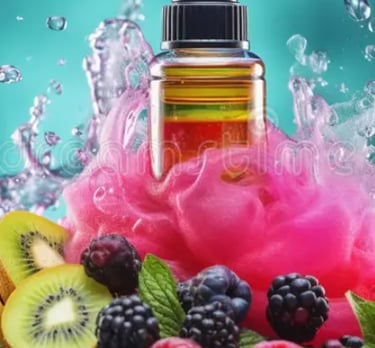E-liquid bottle splashing in pink vapor with fresh blackberries, kiwi, and mint leaves.