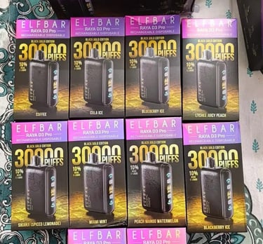 A variety of Elf Bar Raya D3 Pro 20000 puff rechargeable disposable vapes in assorted flavors.