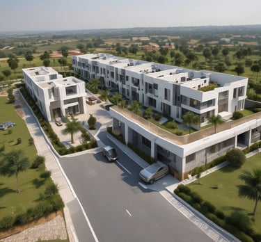 A vibrant aerial view of a well-planned residential layout with green spaces and clear roads under a bright sky.